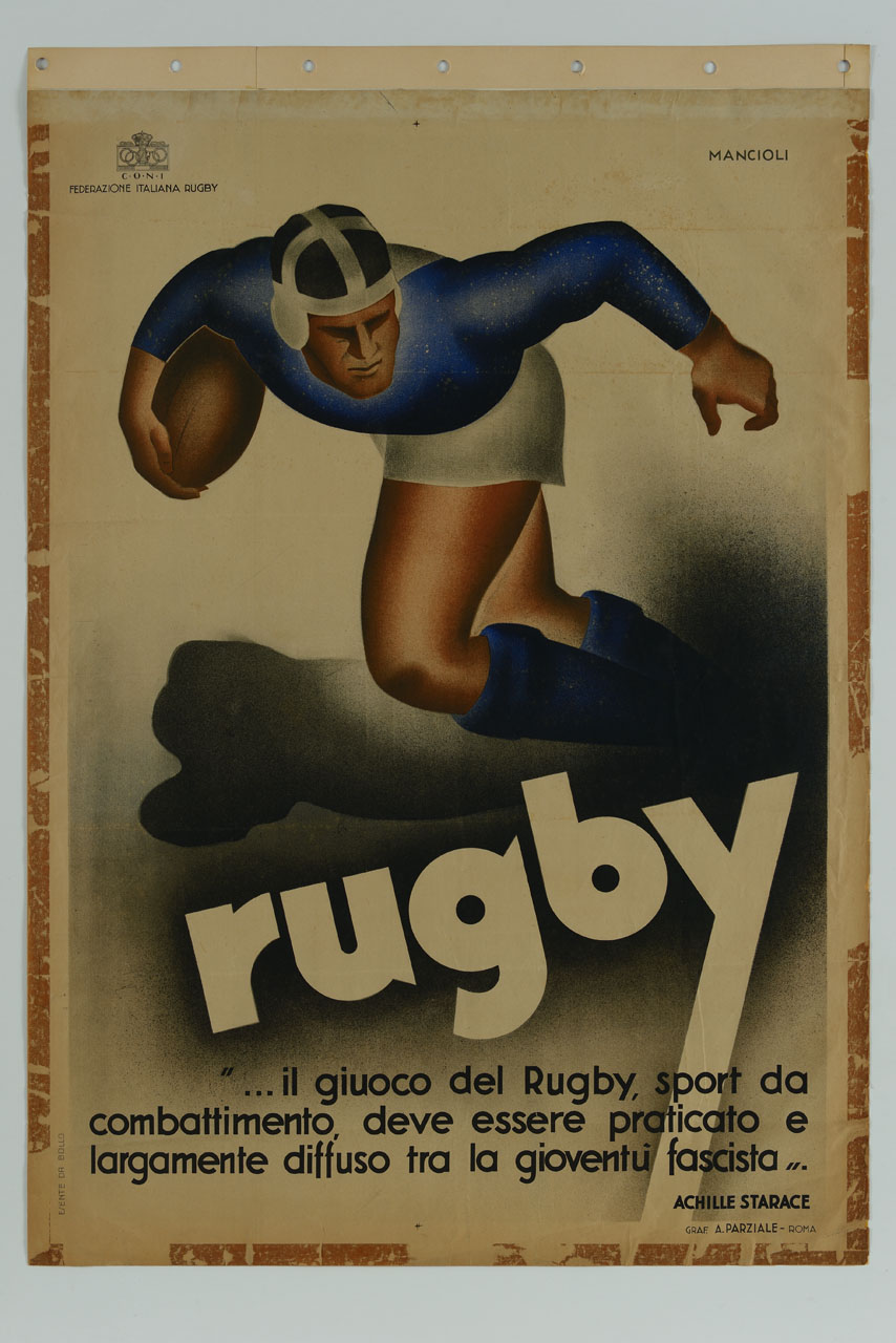 giocatore di rugby (manifesto) di Mancioli Corrado (sec. XX)