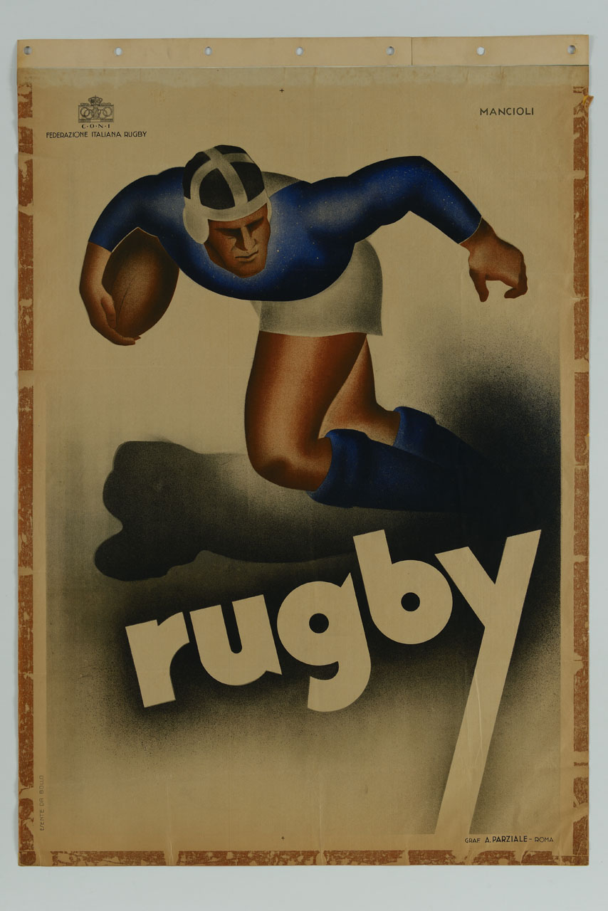 giocatore di rugby (manifesto) di Mancioli Corrado (sec. XX)