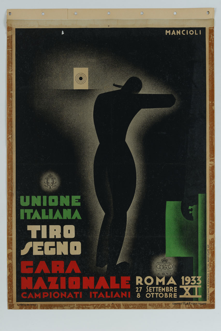 sagoma nera spara a un bersaglio (manifesto) di Mancioli Corrado (sec. XX)