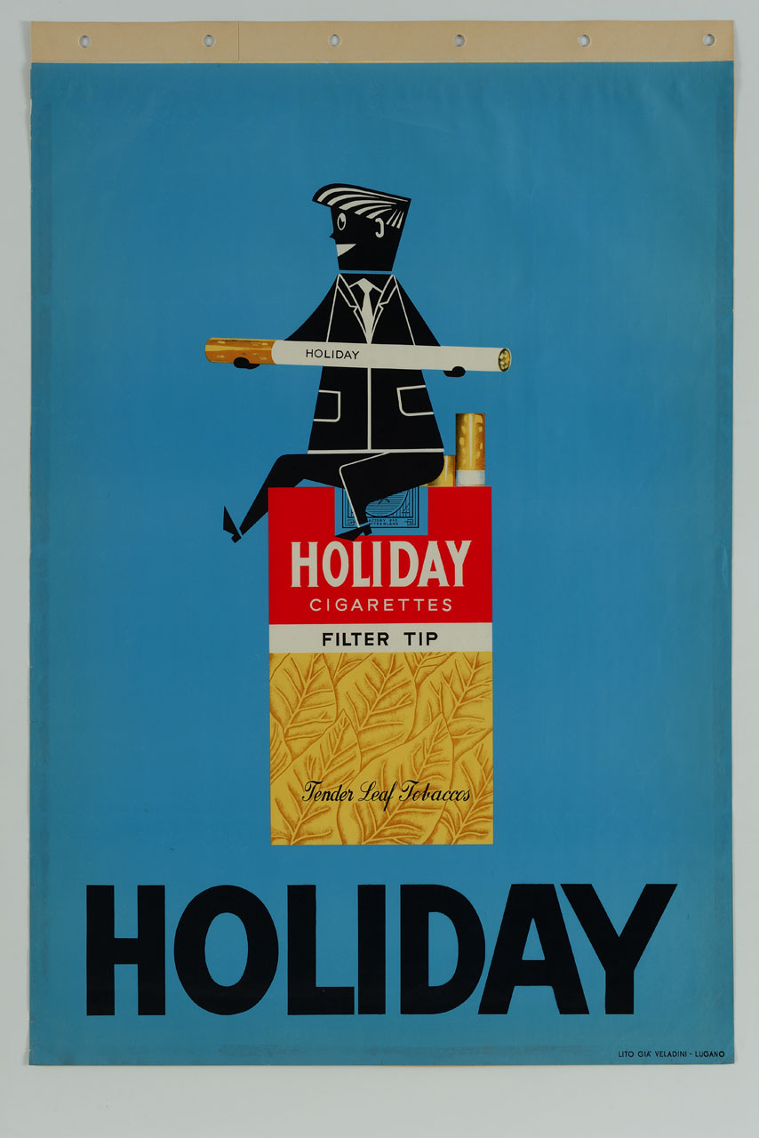 figura maschile seduta su pacchetto di sigarette (manifesto) - ambito svizzero (metà sec. XX)