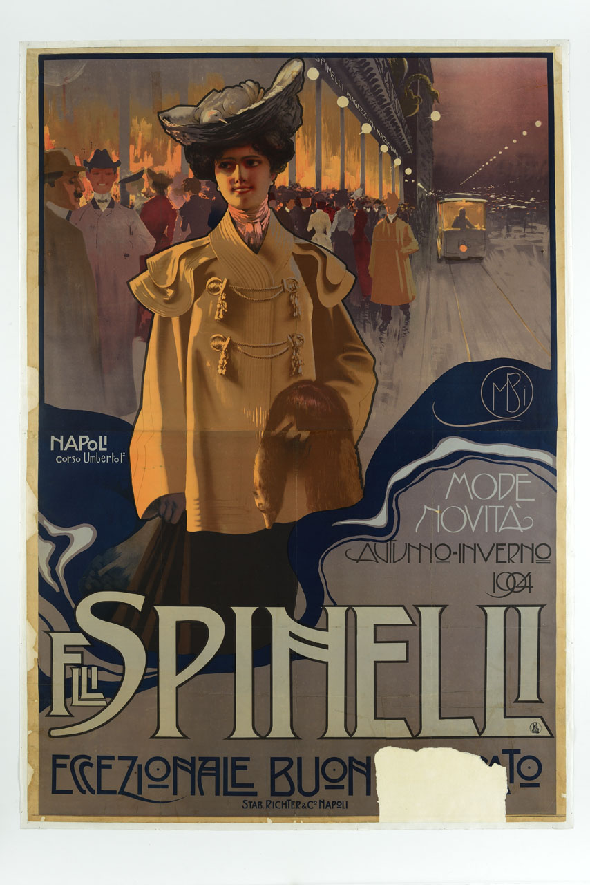 signora in abiti da passeggio di fronte ai Grandi Magazzini Spinelli di Napoli (manifesto, stampa composita) di Borgoni Mario (sec. XX)