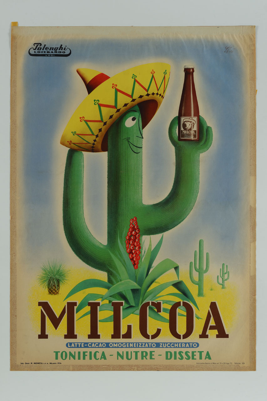 cactus con sombrero sorregge una bottiglia (manifesto) di Garretto Paolo Federico (sec. XX)