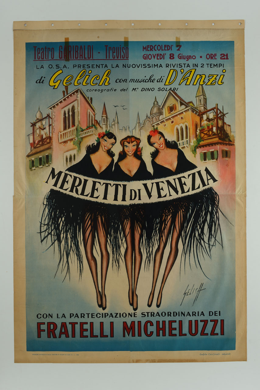 donne in abiti con piume e case tipiche veneziane (manifesto, stampa composita) di Gelich - ambito italiano (sec. XX)