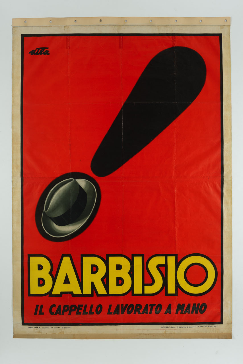 cappello maschile e punto esclamativo (manifesto, stampa composita) di ATLA - Pubblicità - Bologna (sec. XX)