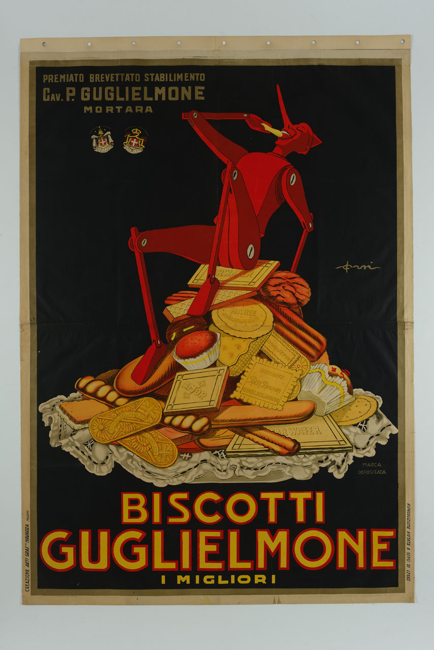 Pinocchio seduto su montagna di biscotti ne mangia uno (manifesto, stampa composita) di Orsi Italo (sec. XX)