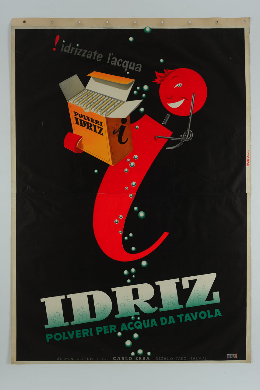 lettera I antropomorfa regge confezione di bustine con preparato effervescente (manifesto, stampa composita) - ambito italiano (sec. XX)