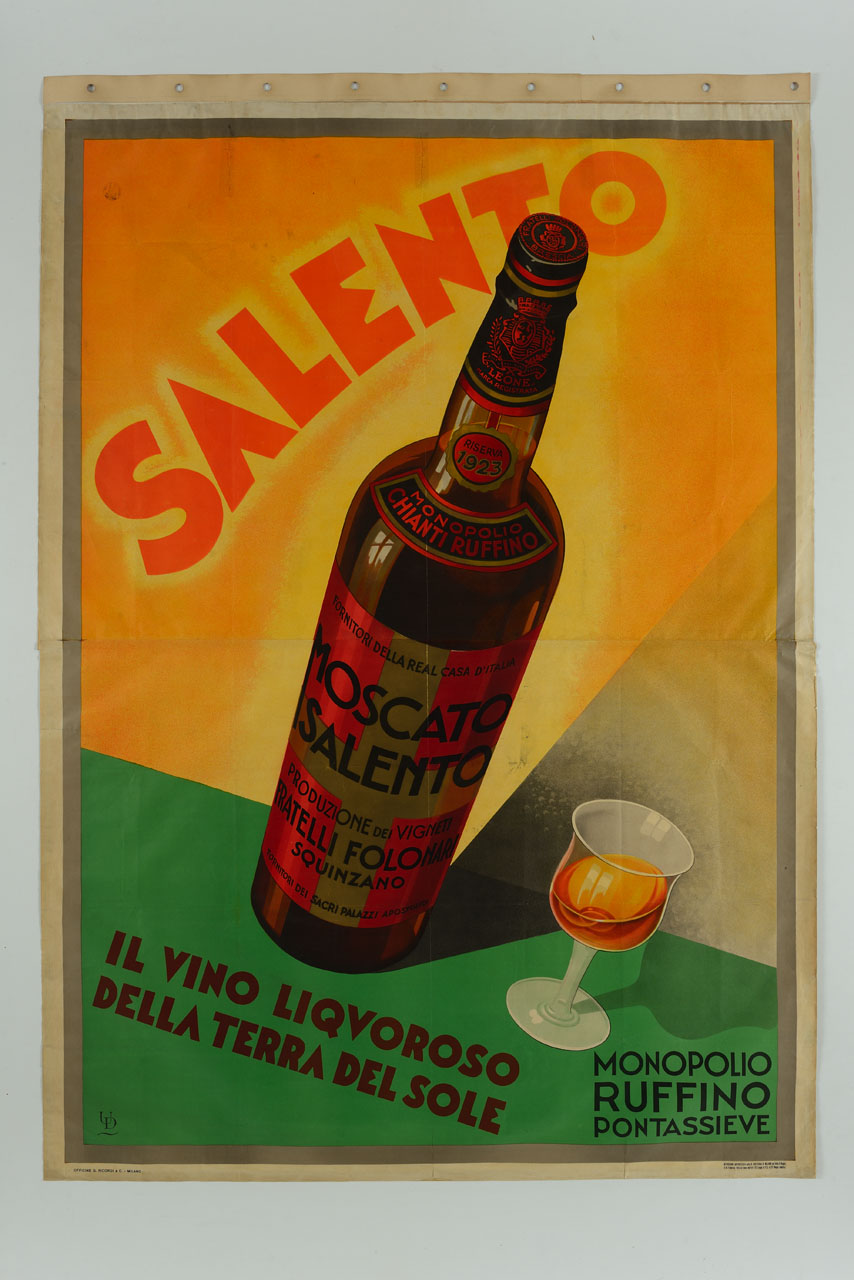 bottiglia e bicchiere con Moscato (manifesto, stampa composita) - ambito italiano (sec. XX)