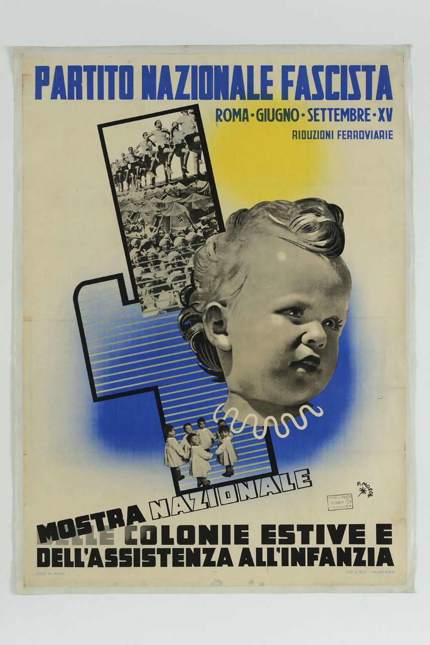 volto di bambina accanto a fascio littorio con all'interno bambini in colonia (manifesto) di Mosca Franco (sec. XX)
