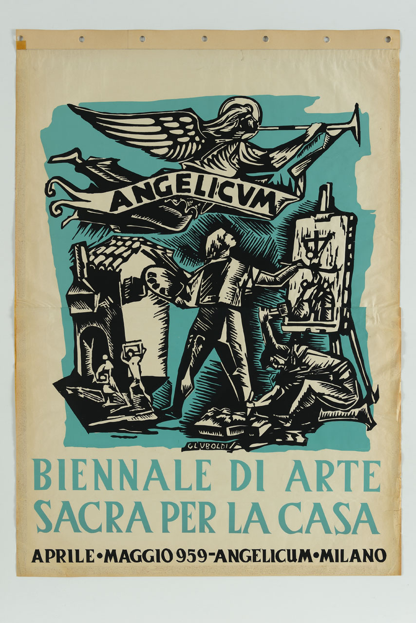 artisti all'opera sovrastati da un angelo che suona la tromba (manifesto) di Uboldi G. L - ambito italiano (sec. XX)