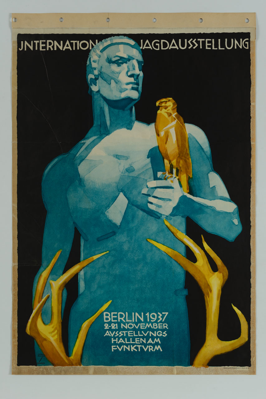 scultura maschile con falco e corna di cervo (manifesto) di Hohlwein Ludwig (sec. XX)