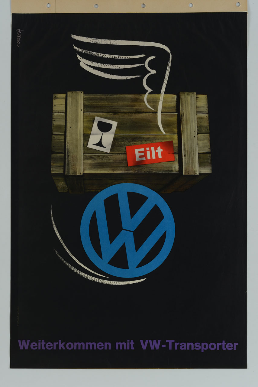 cassa di legno con etichette e logo della Volkswagen (manifesto) di Looser Hans (sec. XX)