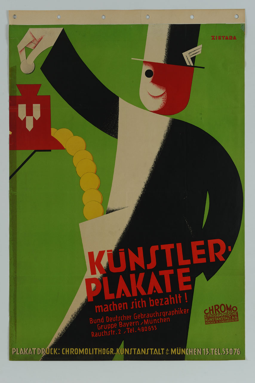 uomo in abito nero inserisce monete nella cassa aperta (manifesto) di Zietara Valentin (sec. XX)