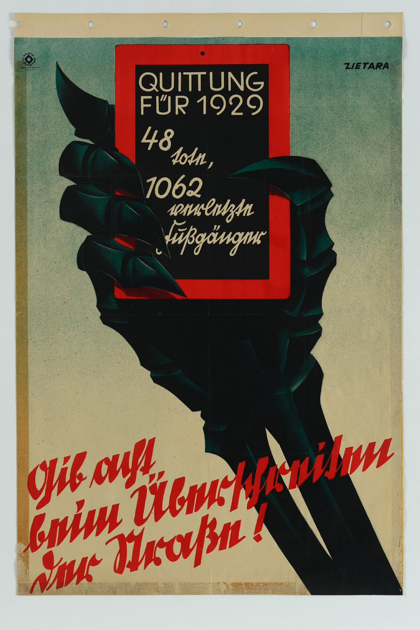 lavagna sorretta da mano scheletrica (manifesto) di Zietara Valentin (sec. XX)