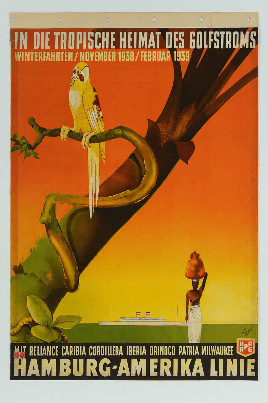 ramo con pappagallo e donna di colore sullo sfondo di una veduta marina con transatlantico in navigazione (manifesto) di Fuss (Fuß) Albert (sec. XX)