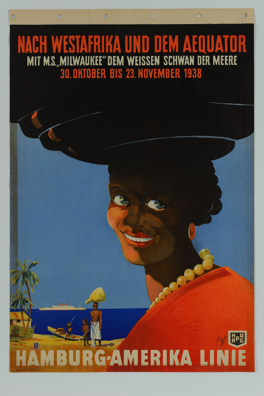 donna di colore sorridente e indigeni sullo sfondo di una veduta marina con transatlantico in navigazione (manifesto) di Fuss (Fuß) Albert (sec. XX)