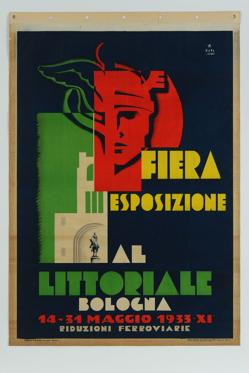 testa di Mercurio con cappello alato e statua equestre di Mussolini allo stadio Littoriale di Bologna (manifesto) di Nadalini (sec. XX)