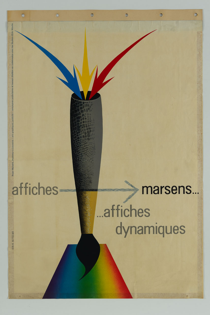 pennello frecce e sfumature di colore (manifesto) di Nitsche Erik - ambito svizzero (sec. XX)
