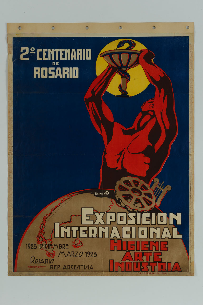 globo terrestre e uomo che alza una coppa (manifesto) di Abramoff - ambito America meridionale (sec. XX)