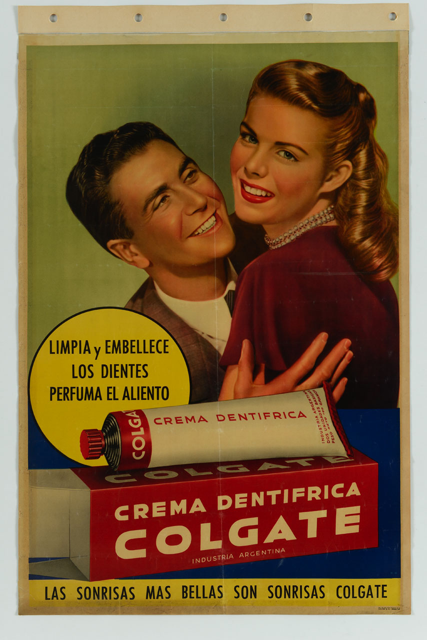 uomo e donna sorridenti con tubetto di dentifricio (manifesto) - ambito America meridionale (sec. XX)