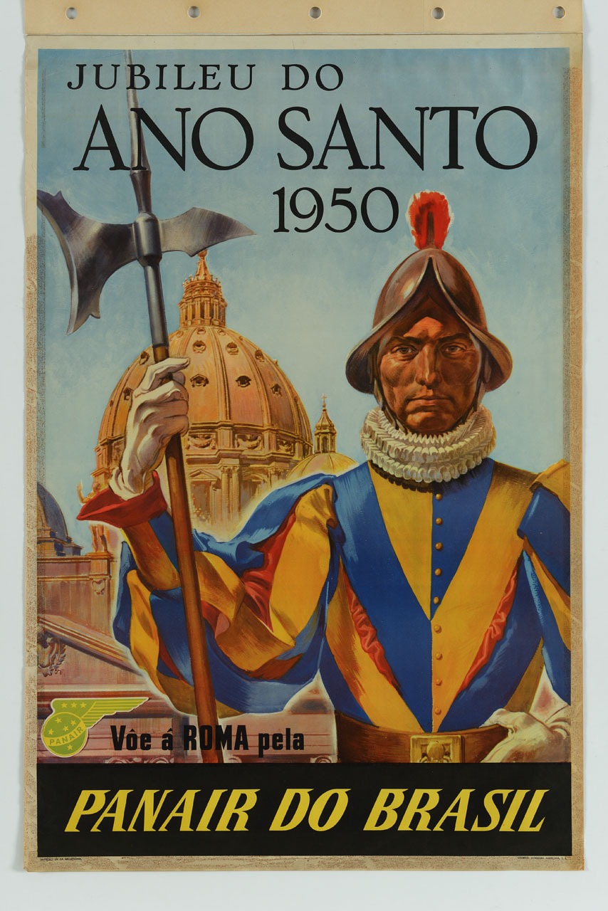 guardia svizzera sullo sfondo della Basilica di San Pietro (manifesto) - ambito America meridionale (sec. XX)