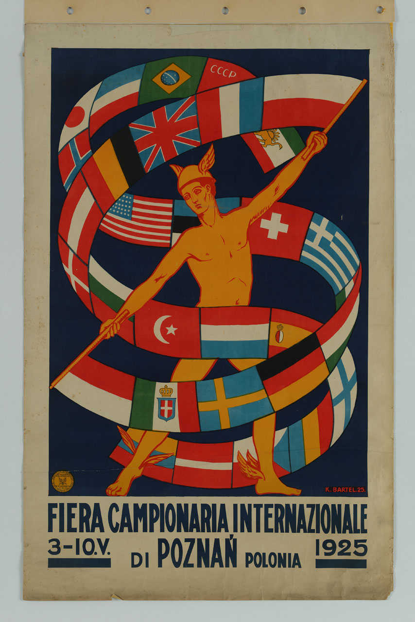 Mercurio danza tra nastri di bandiere internazionali (manifesto) di Bartel Bronislaw Kazimierz (sec. XX)