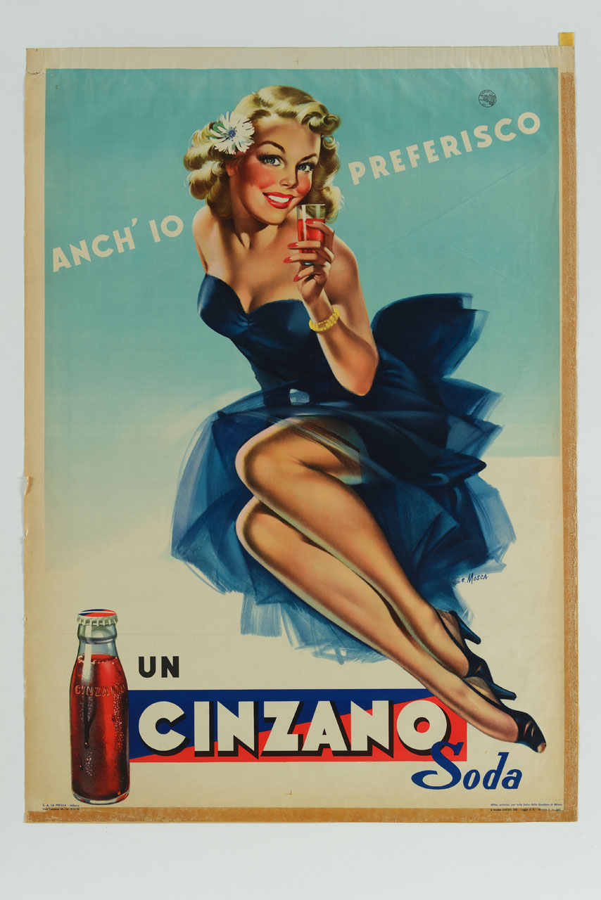 figura femminile in abito da sera è seduta e sorregge un bicchiere (manifesto) di Mosca Franco (sec. XX)