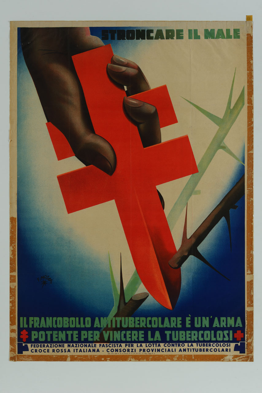 mano recide un ramo spinoso con un pugnale a forma di croce di Lorena simbolo della lotta alla tubercolosi (manifesto) di Mosca Franco (sec. XX)
