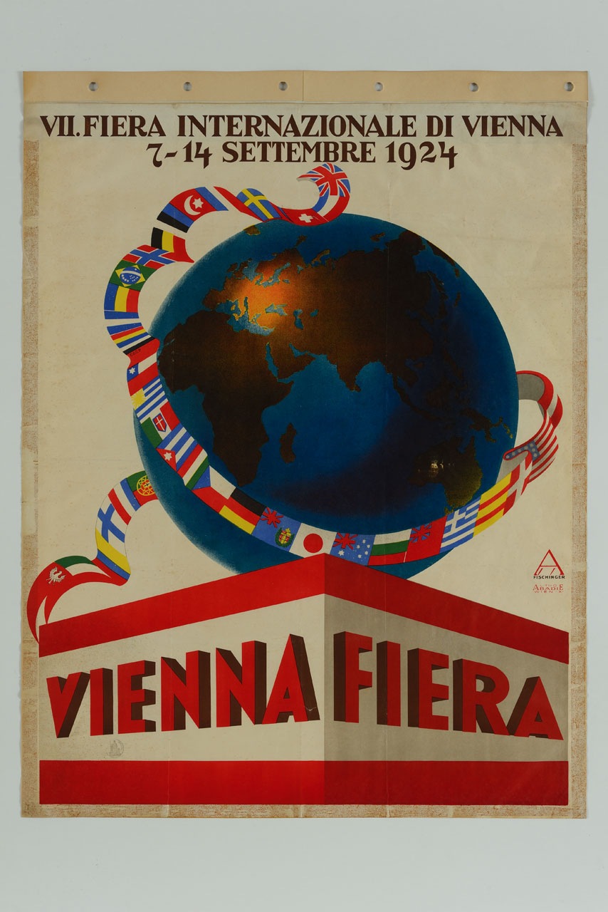 globo terrestre avvolto da nastro con bandiere internazionali (manifesto) di Fischinger August (sec. XX)
