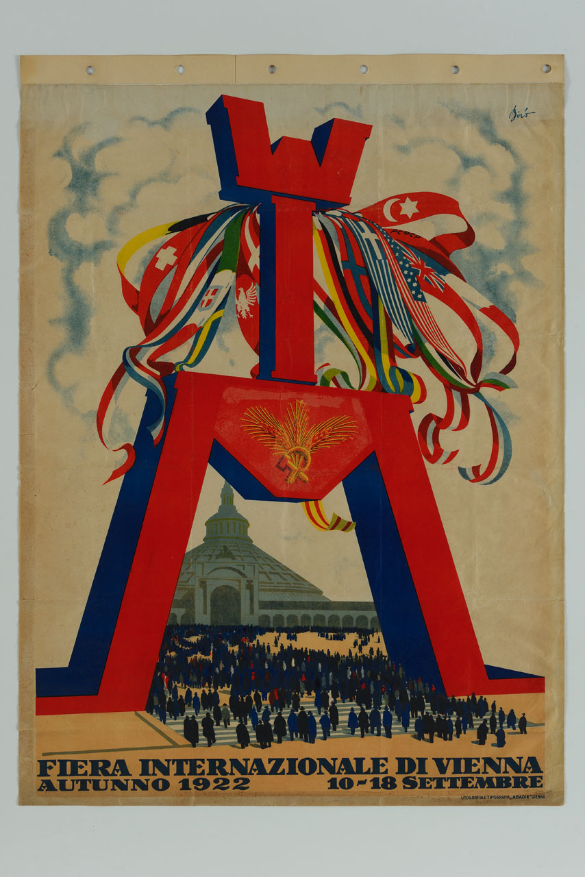 Lettere W I M con bandiere internazionali sullo sfondo della fiera di Vienna (manifesto) di Biro Mihály (sec. XX)