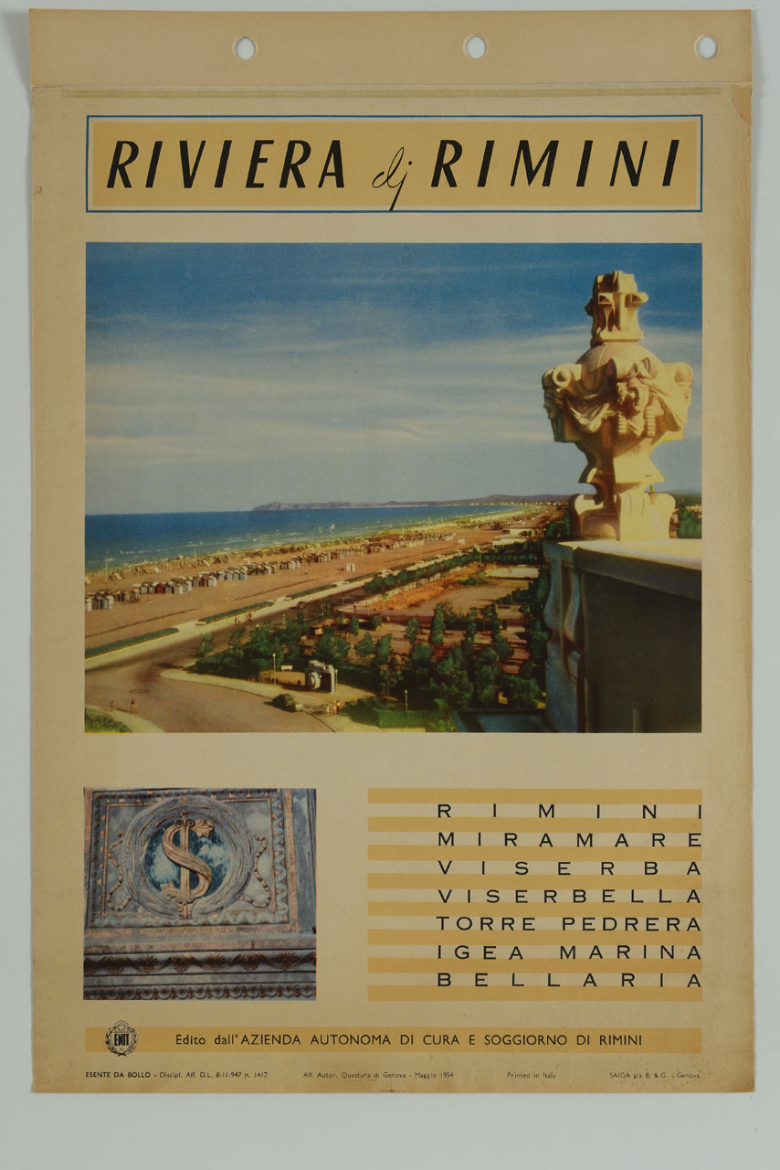 veduta della Riviera di Rimini con particolare del Monumento di Sigismondo Malatesta (manifesto) - ambito italiano (sec. XX)