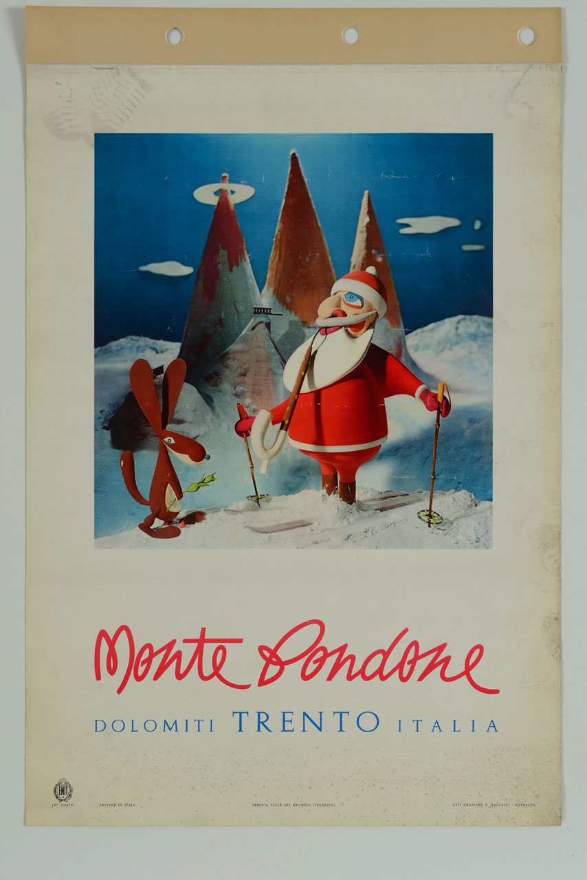 Babbo Natale sugli sci sullo sfondo di Monte Bondone e delle Tre Cime di Lavaredo (manifesto) - ambito italiano (sec. XX)