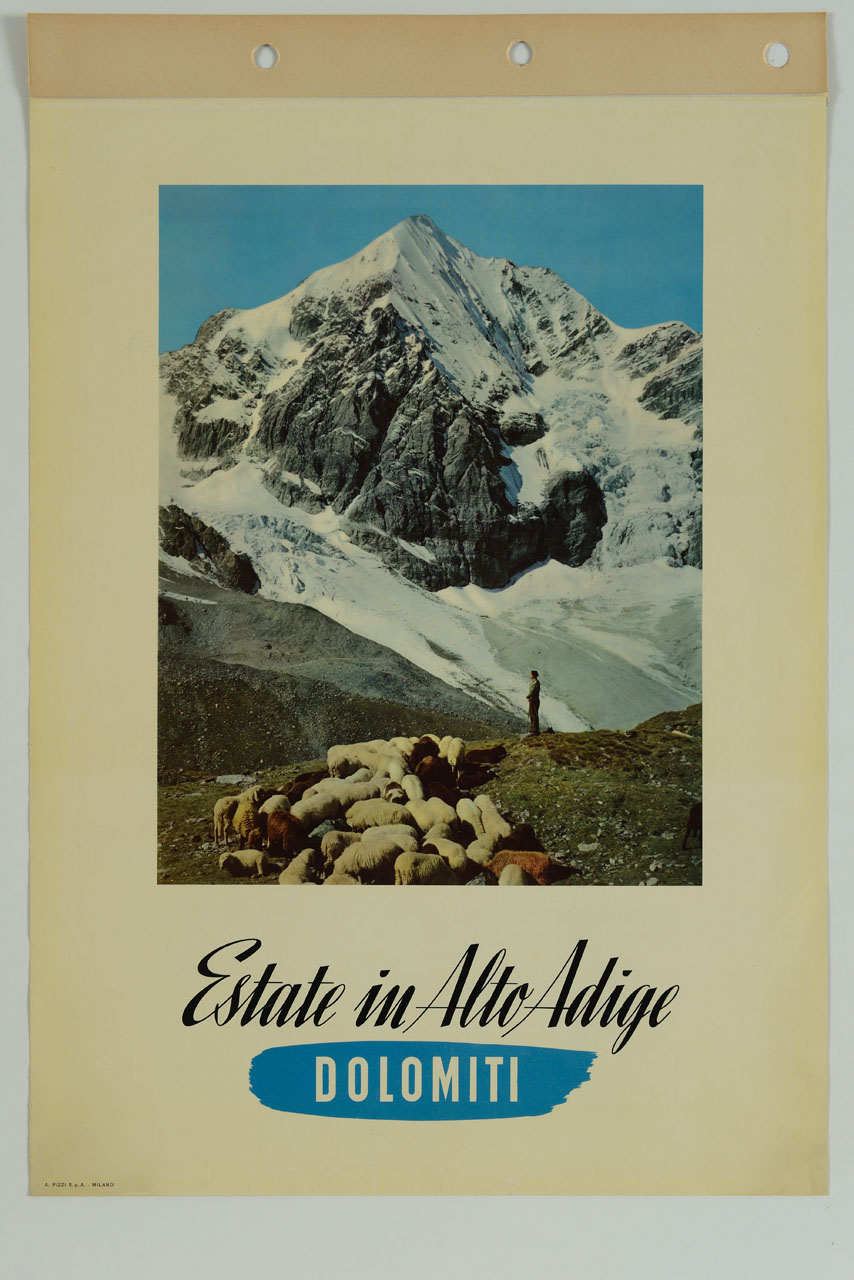 veduta delle Dolomiti altoatesine con gregge di pecore (manifesto) - ambito italiano (sec. XX)