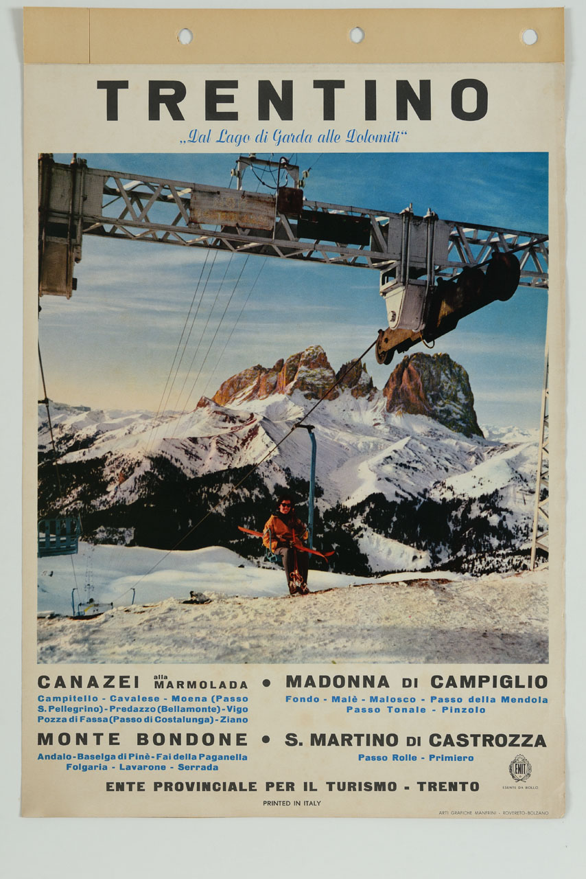 veduta delle Dolomiti con donna seduta sulla seggiovia (manifesto) - ambito italiano (sec. XX)