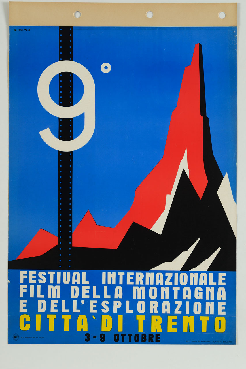 pellicola cinematografica sullo sfondo delle Dolomiti (manifesto) di Fronza Renato (sec. XX)