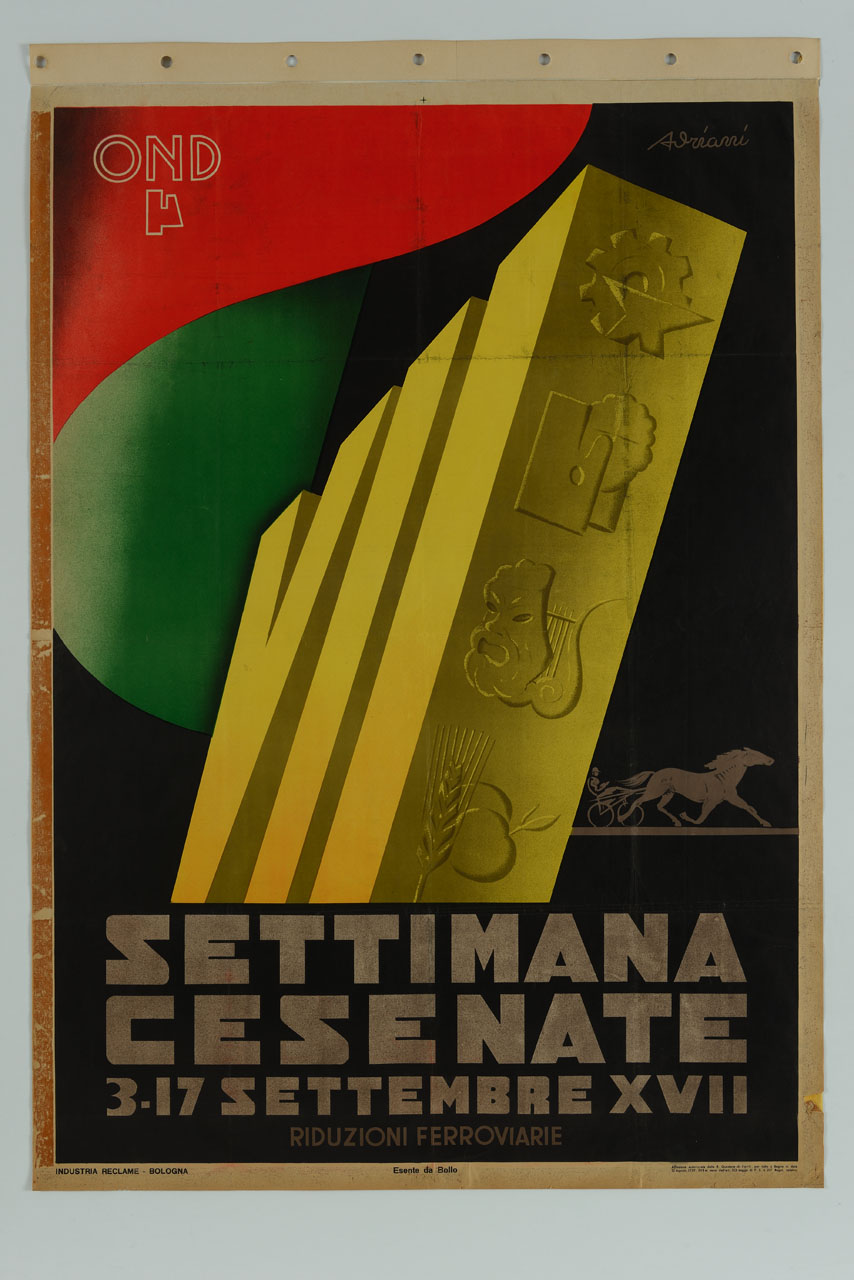 simboli della fiera e calesse trainato da cavallo (manifesto) di Adriani Emidio (sec. XX)