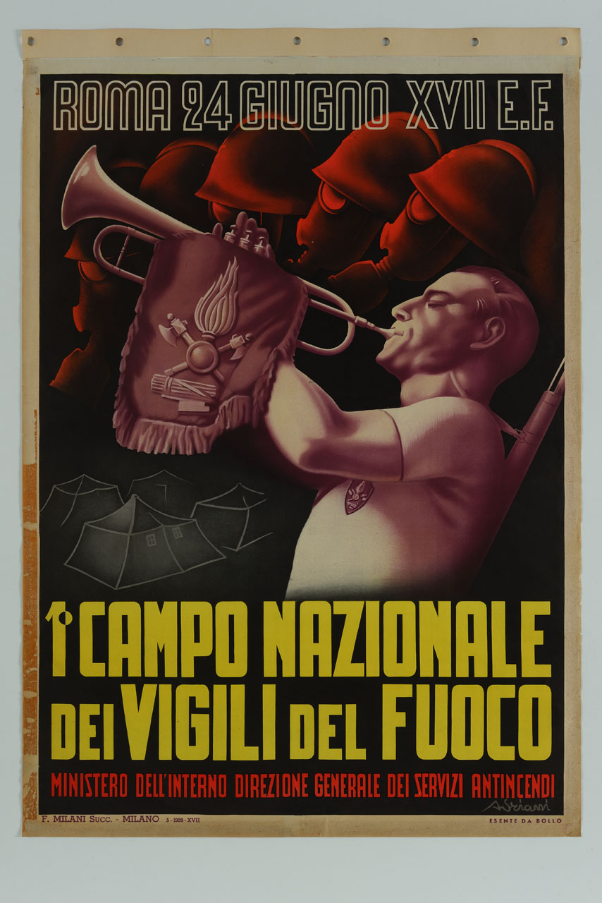 vigili del fuoco con maschera antigas e suonatore di tromba (manifesto) di Adriani Emidio (sec. XX)