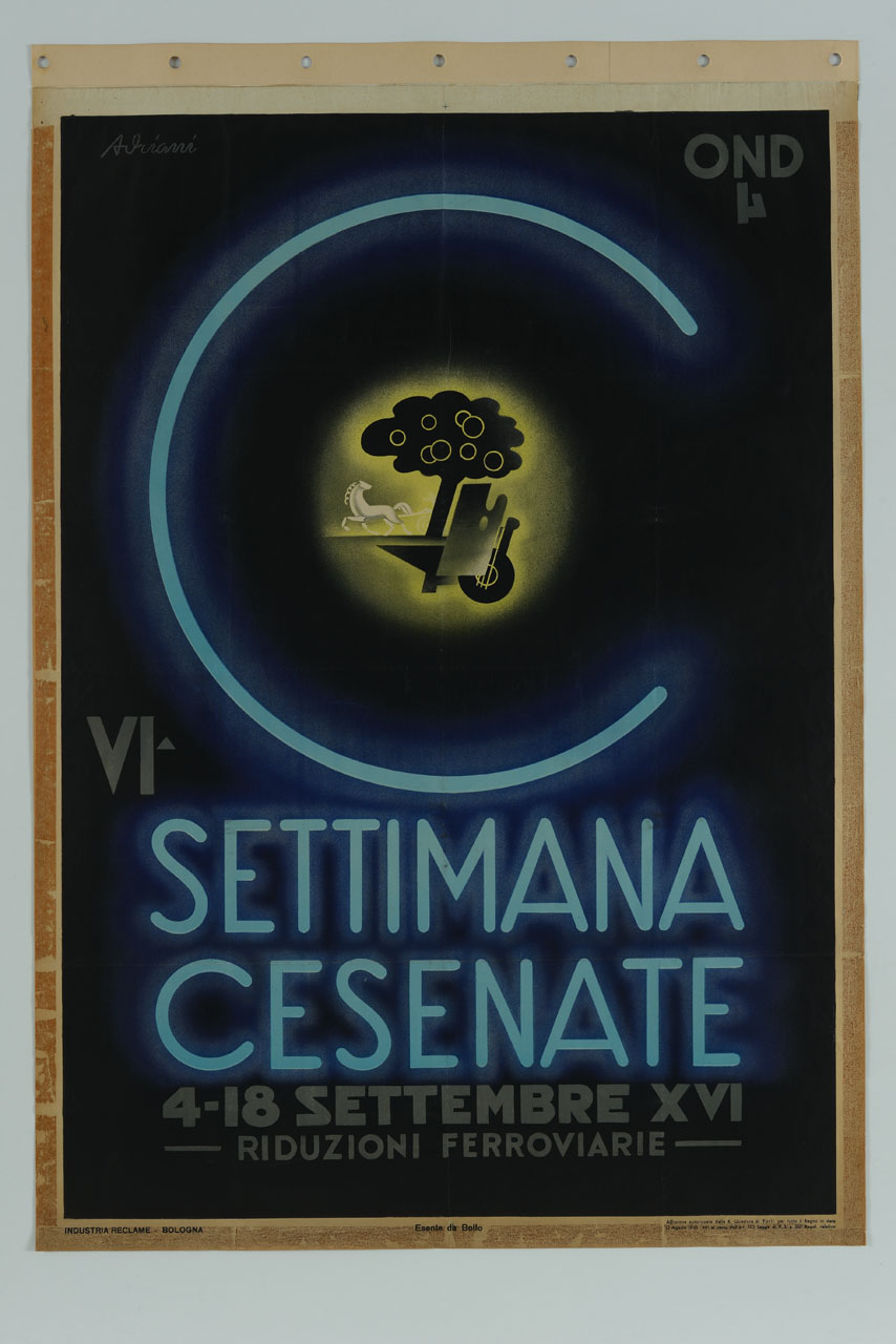 albero, cavallo, incudine e tavolozza da pittore entro lettera C (manifesto) di Adriani Emidio (sec. XX)