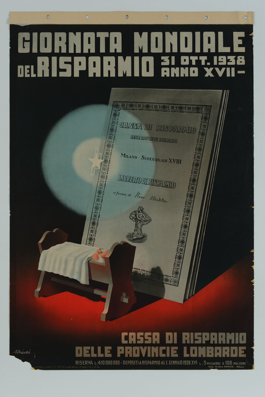 neonato in una culla e libretto di risparmio (manifesto) di Adriani Emidio (sec. XX)