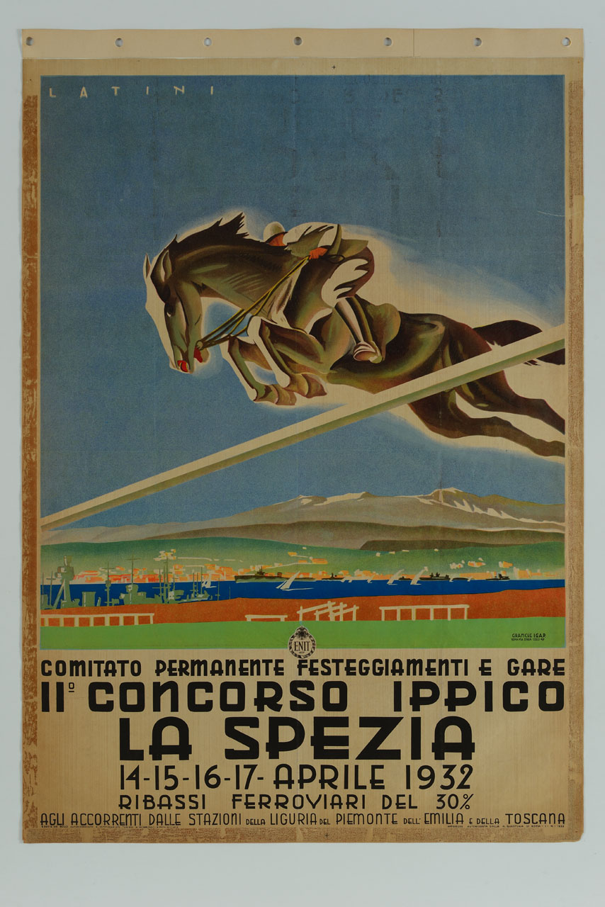 cavallo e fantino saltano un ostacolo (manifesto) di Latini Giuseppe (sec. XX)