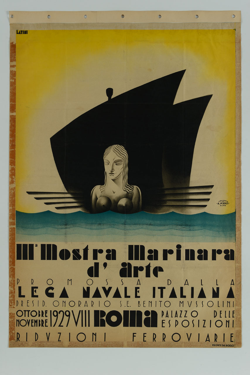 imbarcazione con remi e vele e polena con volto di sirena (manifesto) di Latini Giuseppe (sec. XX)