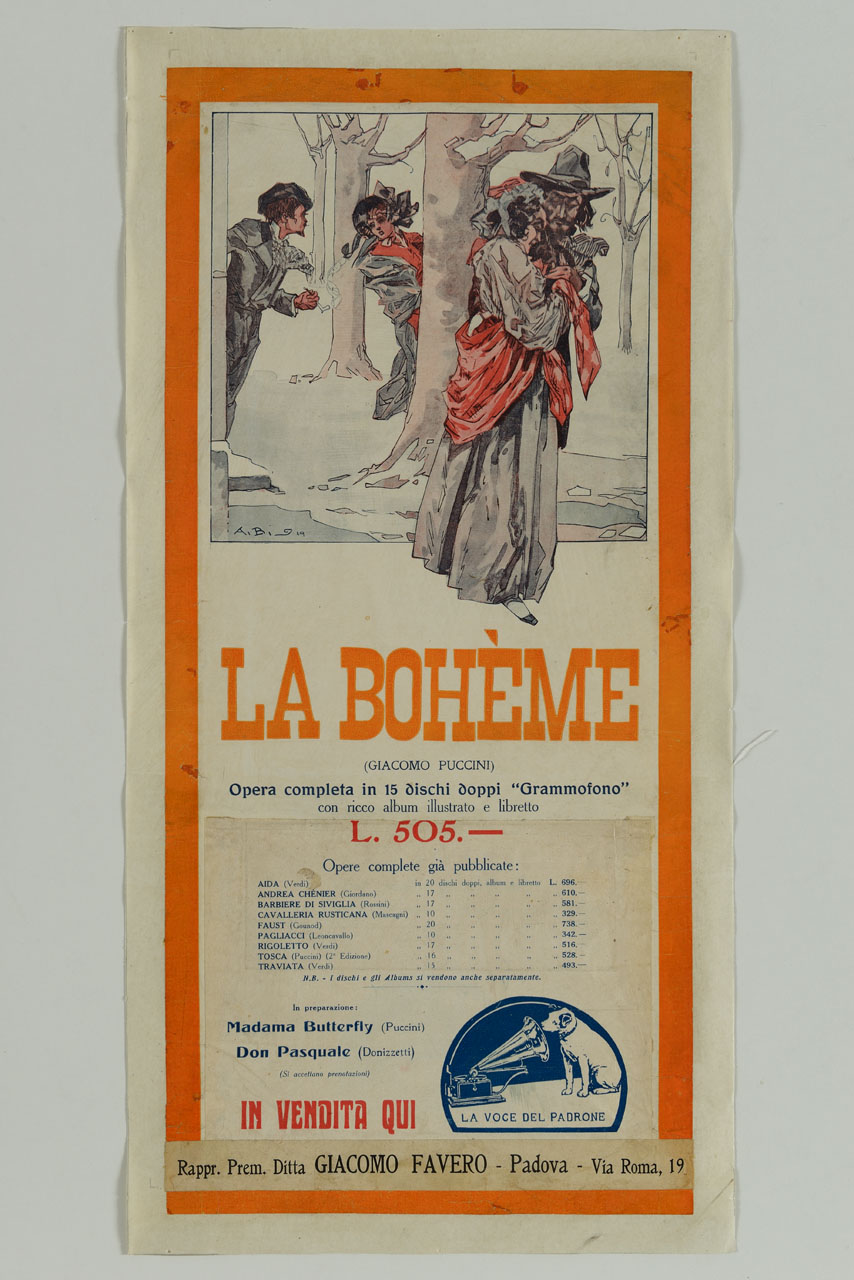 due uomini e due donne camminano tra gli alberi (manifesto) di de Luca Aldo detto Aldo Bruno (sec. XX)