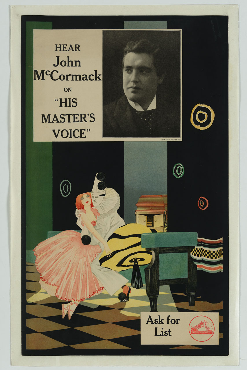 interno con ballerina abbracciata da Pierrot e riquadro con ritratto di John McCormack (manifesto) di Dover Street Studios - ambito inglese (sec. XX)