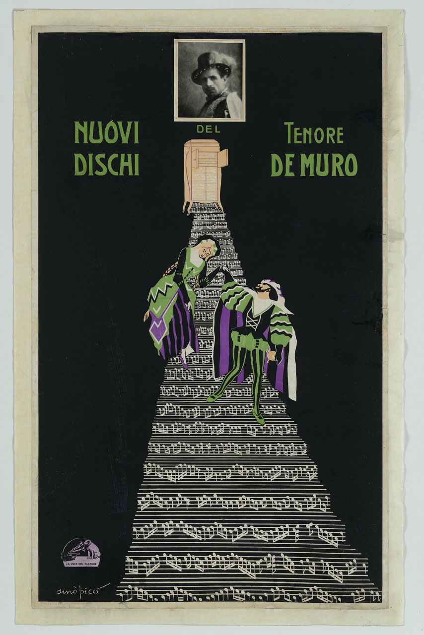 dama e cavaliere scendono una scala di note musicali che parte da un grammofono e riquadro con ritratto di Bernardo De Muro (manifesto) di Chareun Raoul detto Primo Sinopico (sec. XX)