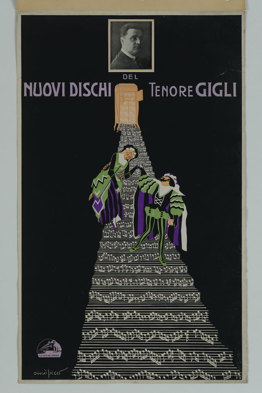 dama e cavaliere scendono una scala di note musicali che parte da un grammofono e riquadro con ritratto di Beniamino Gigli (manifesto) di Chareun Raoul detto Primo Sinopico (sec. XX)