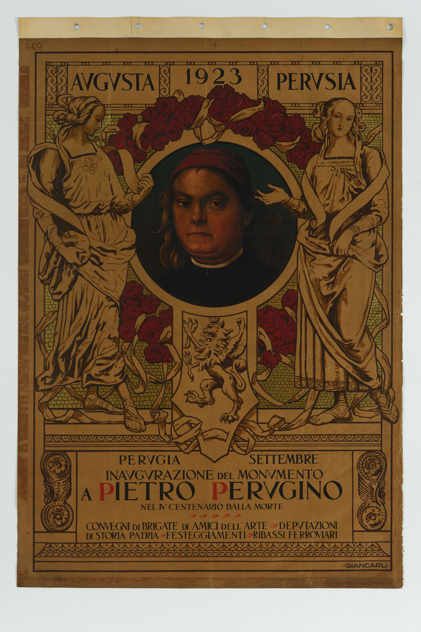ritratto di Pietro Perugino tra due figure femminili allegoriche (manifesto) di Giancarli Alfredo (sec. XX)