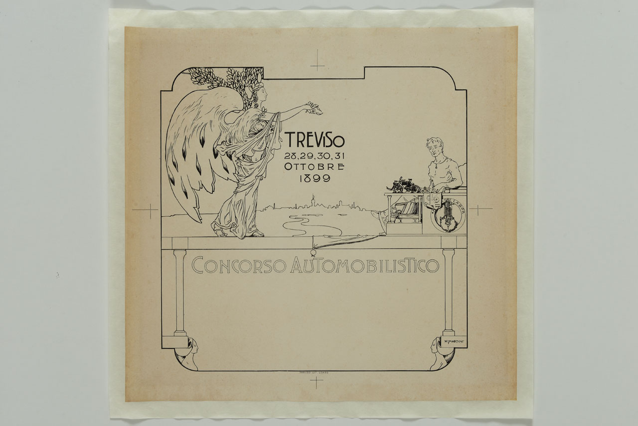 Vittoria alata e uomo a lavoro entro cornice sagomata (manifesto) di Martini Alberto Giacomo Spiridione (sec. XIX)