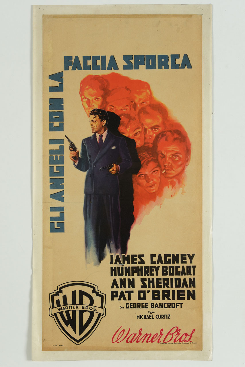 uomo con pistole sullo sfondo di ritratti maschili e femminili (manifesto) - ambito italiano (sec. XX)