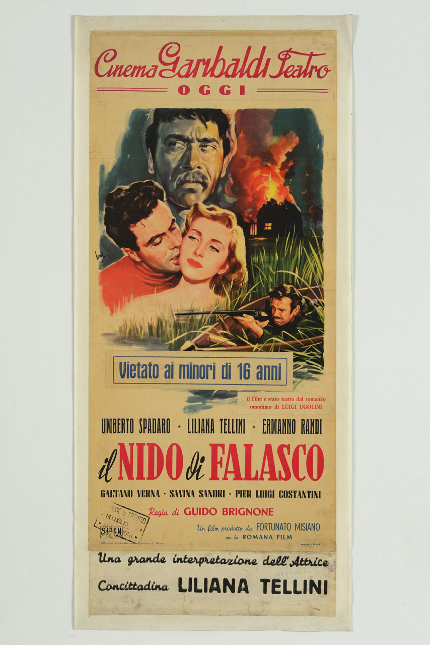 uomo in barca con fucile e uomo bacia sulla guancia una donna sullo sfondo di una casa in fiamme (manifesto) di Longi Carlantonio (sec. XX)