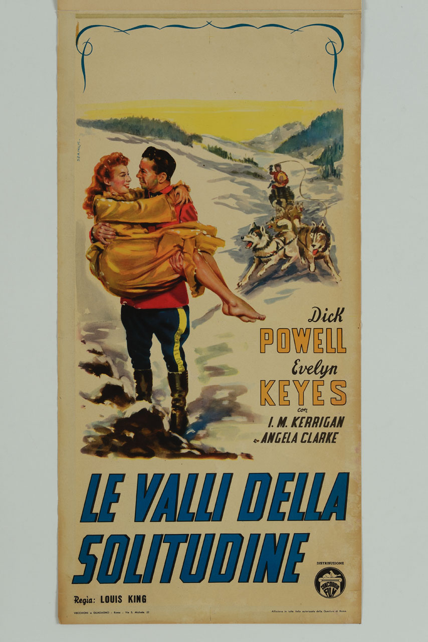 soldato con donna in braccio sullo sfondo di un paesaggio innevato con slitta e lupi (manifesto) di Deamicis - ambito italiano (sec. XX)