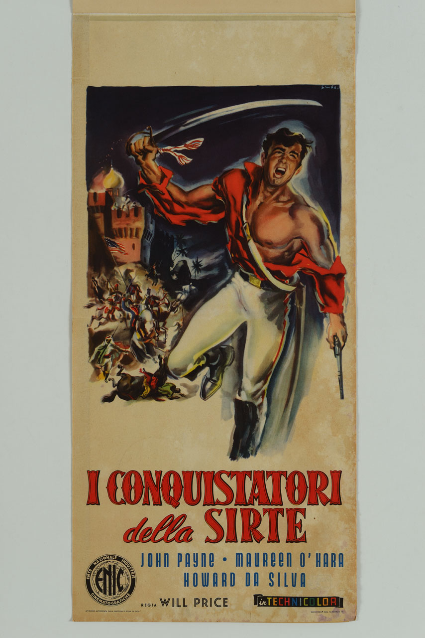 soldato con spada e combattimento sullo sfondo di un'architettura merlata (manifesto) di Simba - ambito italiano (sec. XX)